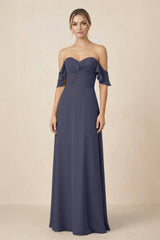 Off-the-Shoulder A-Line Chiffon Ruched Bridesmaid Dress in Dusk Blue - KISS BRIDAL BRIDESMAID DRESSES