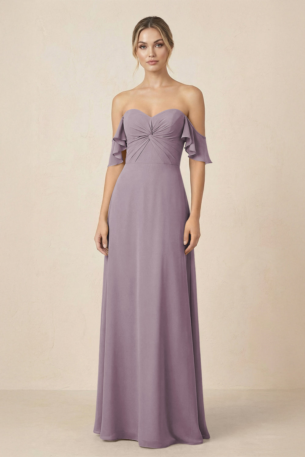 Off-the-Shoulder A-Line Chiffon Ruched Bridesmaid Dress in Dusk