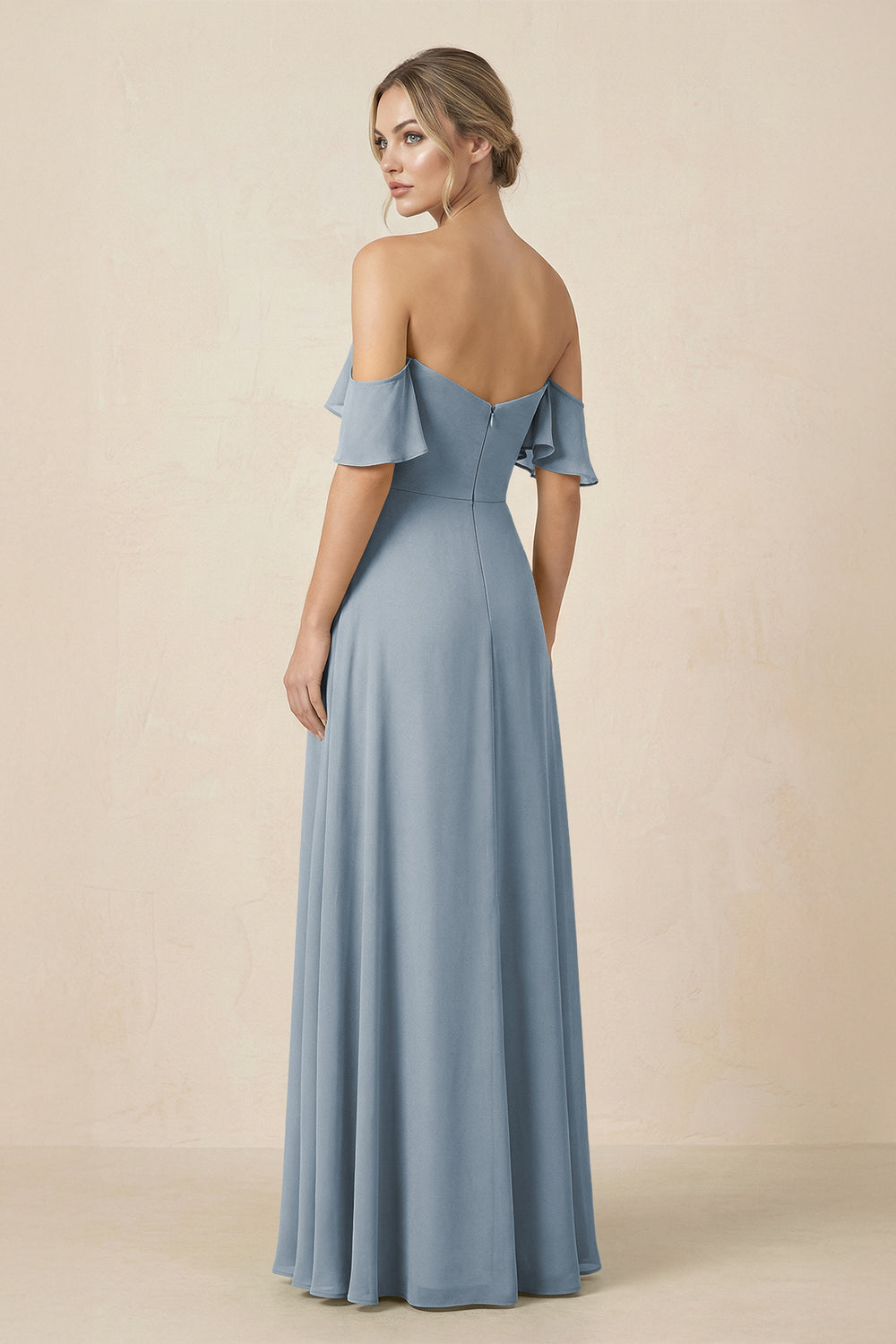 Off-the-Shoulder A-Line Chiffon Ruched Bridesmaid Dress in Dusty Blue