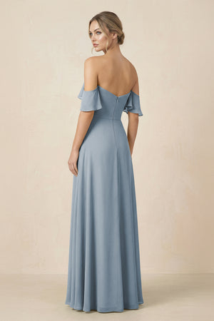 Off-the-Shoulder A-Line Chiffon Ruched Bridesmaid Dress in Dusty Blue (2) | KISSBRIDAL