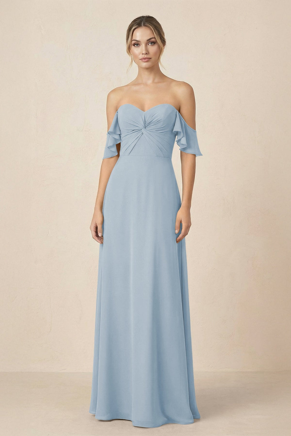 Off-the-Shoulder A-Line Chiffon Ruched Bridesmaid Dress in Dusty Blue - KISS BRIDAL BRIDESMAID DRESSES