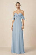 Off-the-Shoulder A-Line Chiffon Ruched Bridesmaid Dress in Dusty Blue - SHE IS ME BRIDESMAID DRESSES