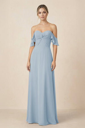 Off-the-Shoulder A-Line Chiffon Ruched Bridesmaid Dress in Dusty Blue - SHE IS ME BRIDESMAID DRESSES