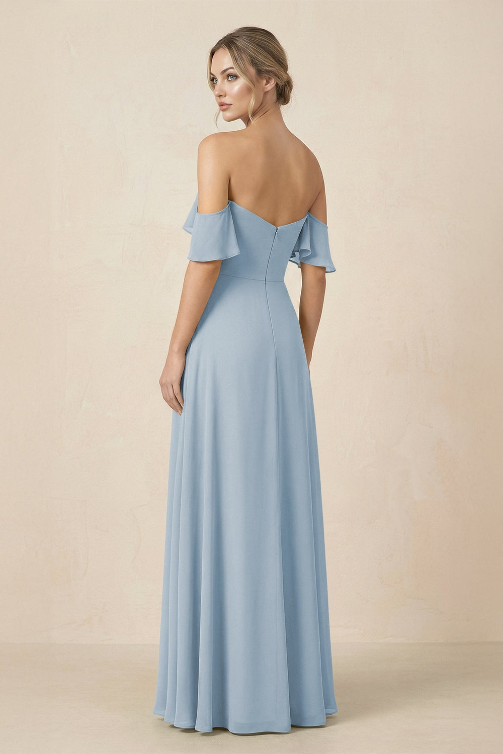 Off-the-Shoulder A-Line Chiffon Ruched Bridesmaid Dress in Dusty Blue - KISS BRIDAL BRIDESMAID DRESSES