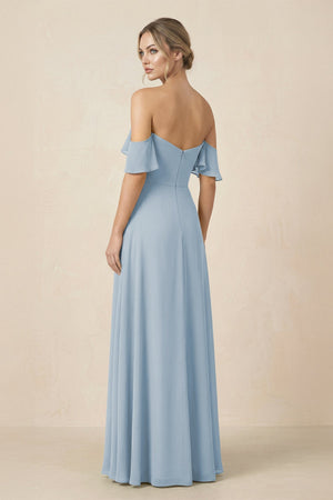 Off-the-Shoulder A-Line Chiffon Ruched Bridesmaid Dress in Dusty Blue - SHE IS ME BRIDESMAID DRESSES