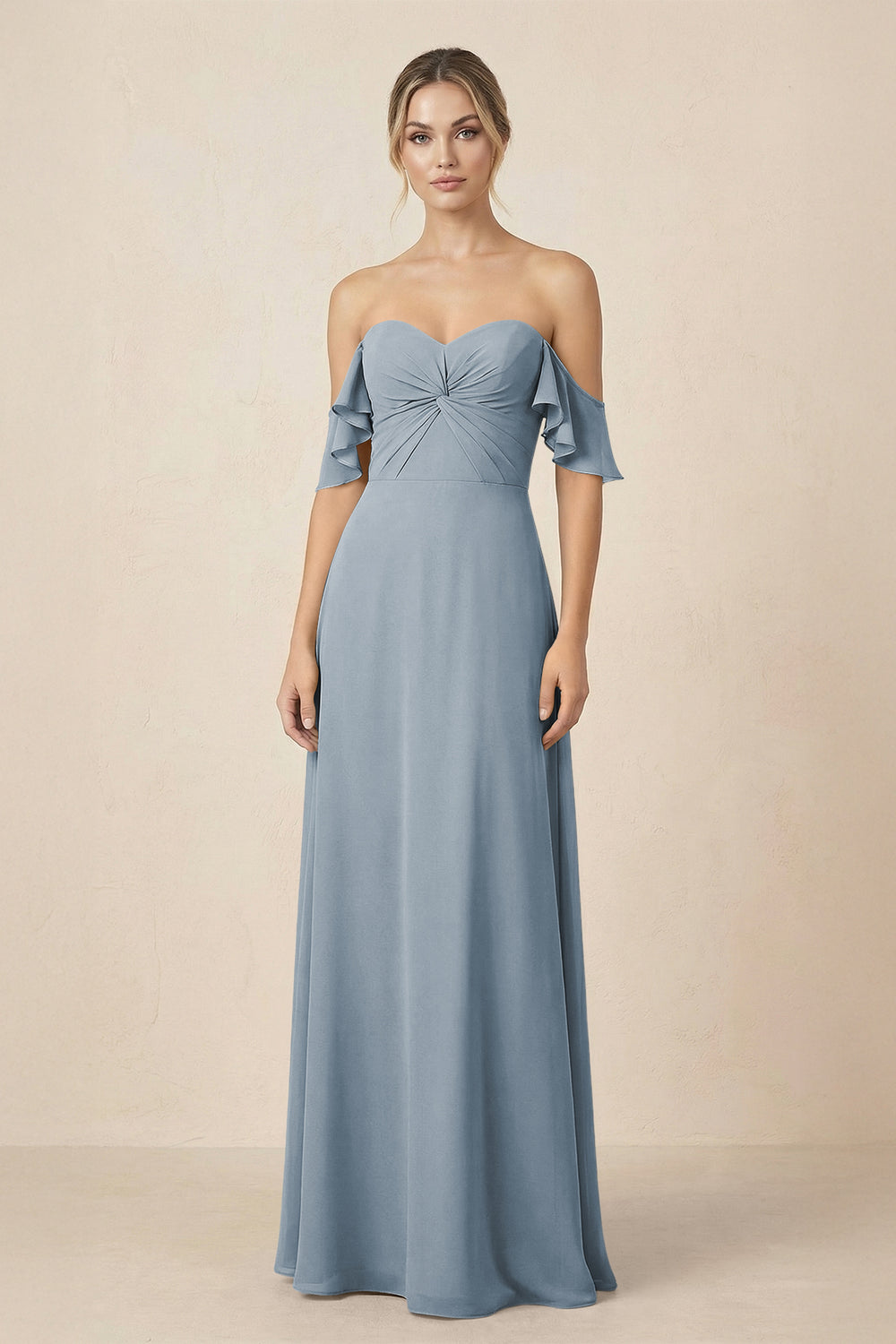 Off-the-Shoulder A-Line Chiffon Ruched Bridesmaid Dress in Dusty Blue
