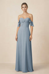 Off-the-Shoulder A-Line Chiffon Ruched Bridesmaid Dress in Dusty Blue | KISSBRIDAL