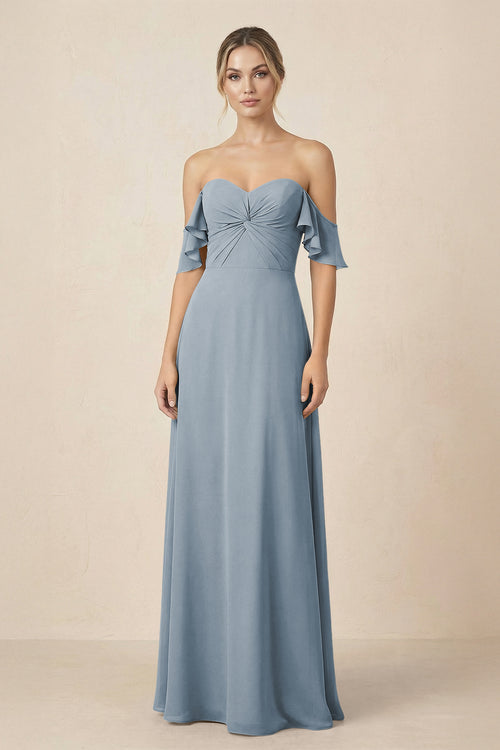 Off-the-Shoulder A-Line Chiffon Ruched Bridesmaid Dress in Dusty Blue | KISSBRIDAL