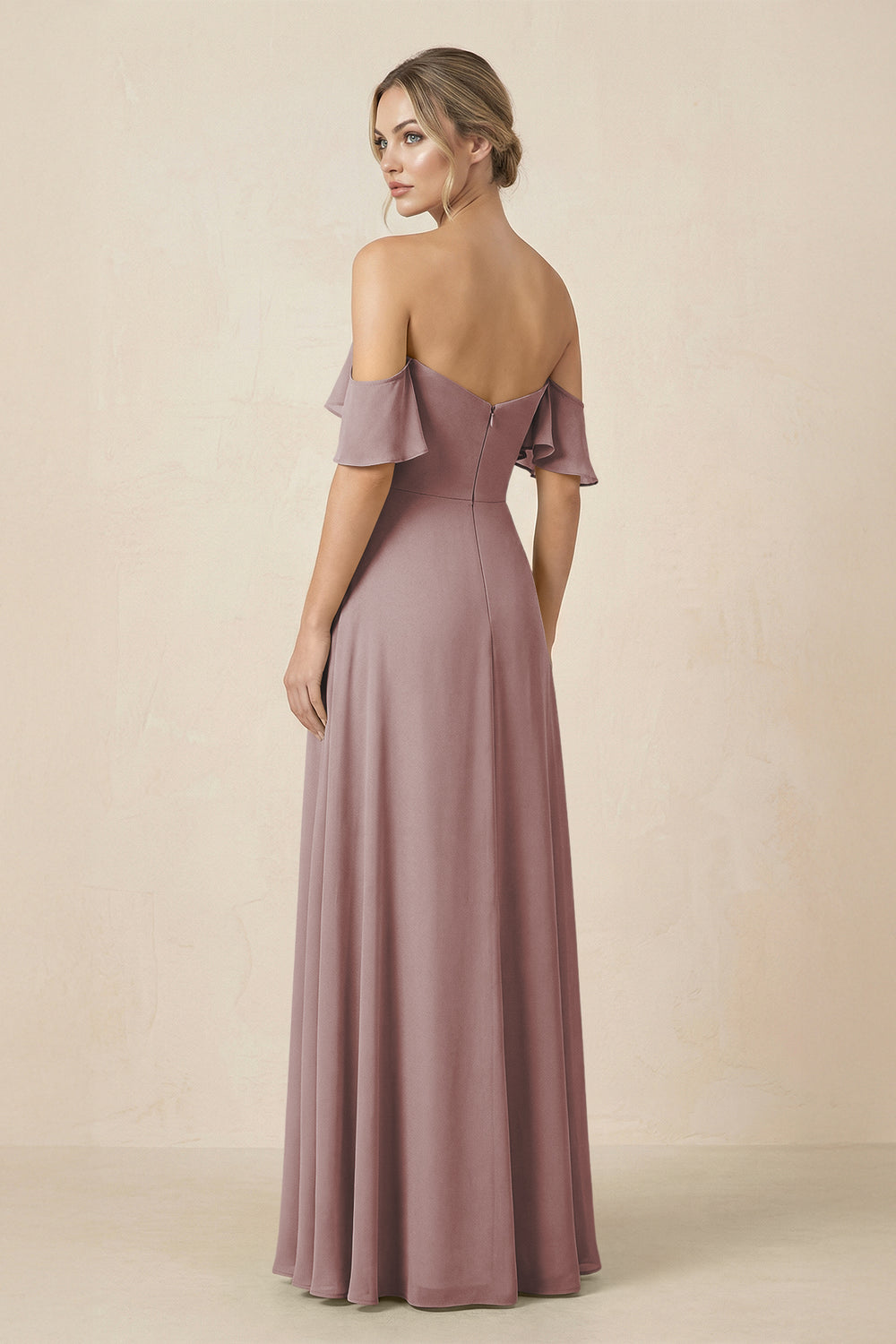 Off-the-Shoulder A-Line Chiffon Ruched Bridesmaid Dress in Dusty Rose