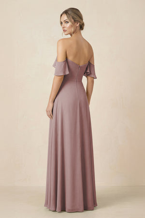Off-the-Shoulder A-Line Chiffon Ruched Bridesmaid Dress in Dusty Rose (2) | KISSBRIDAL
