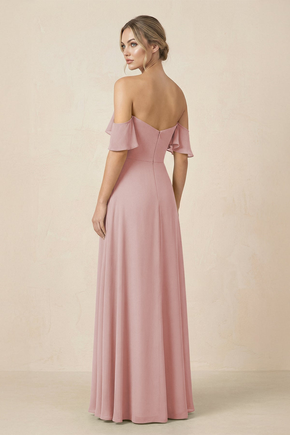 Off-the-Shoulder A-Line Chiffon Ruched Bridesmaid Dress in Dusty Rose - KISS BRIDAL BRIDESMAID DRESSES