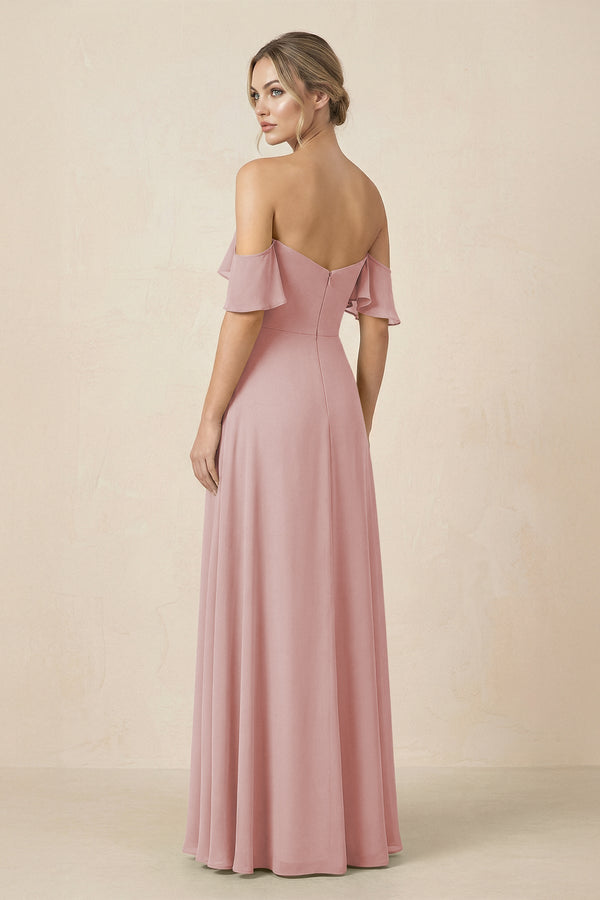 Off-the-Shoulder A-Line Chiffon Ruched Bridesmaid Dress in Dusty Rose - SHE IS ME BRIDESMAID DRESSES