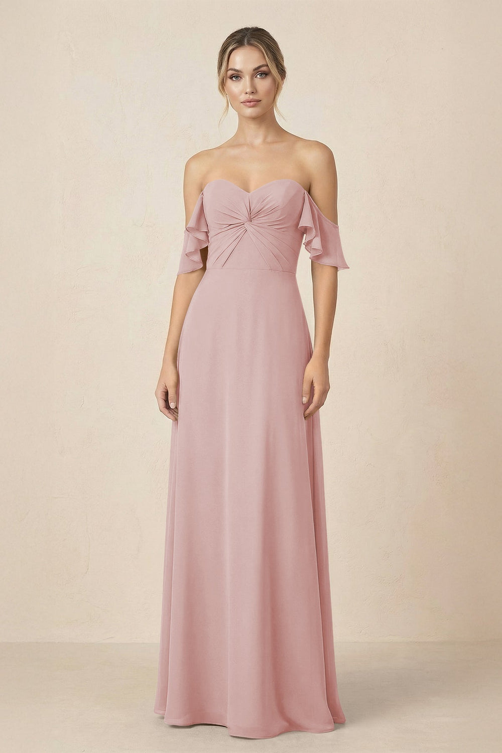 Off-the-Shoulder A-Line Chiffon Ruched Bridesmaid Dress in Dusty Rose - KISS BRIDAL BRIDESMAID DRESSES