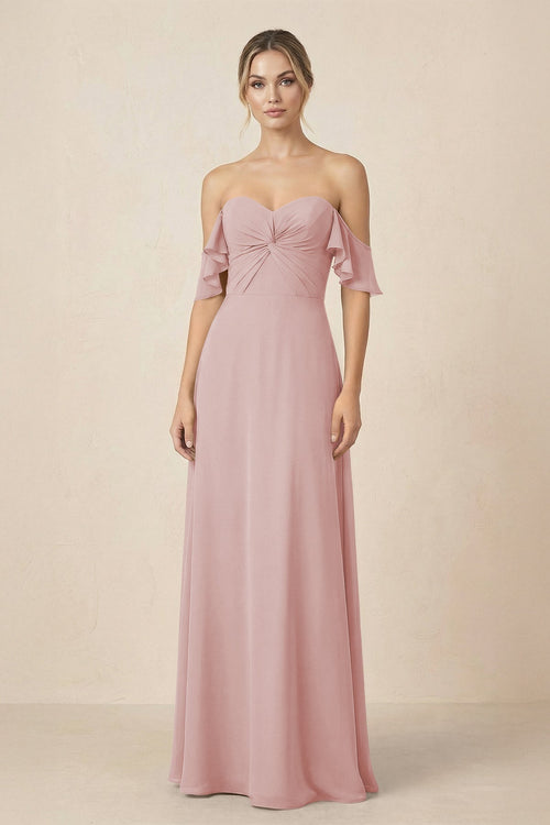 Off-the-Shoulder A-Line Chiffon Ruched Bridesmaid Dress in Dusty Rose - SHE IS ME BRIDESMAID DRESSES