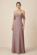 Off-the-Shoulder A-Line Chiffon Ruched Bridesmaid Dress in Dusty Rose | KISSBRIDAL