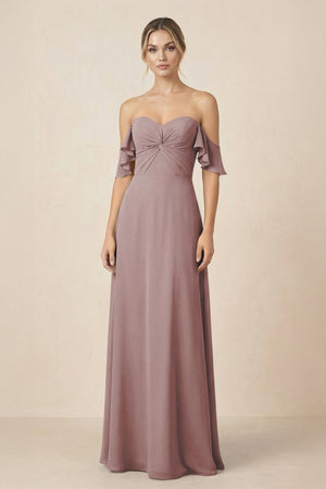 Off-the-Shoulder A-Line Chiffon Ruched Bridesmaid Dress in Dusty Rose | KISSBRIDAL