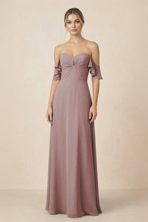 Off-the-Shoulder A-Line Chiffon Ruched Bridesmaid Dress in Dusty Rose | KISSBRIDAL