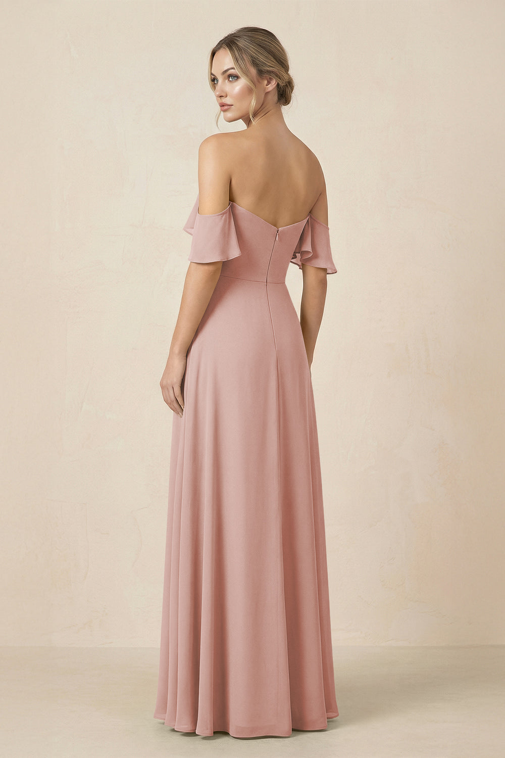 Off-the-Shoulder A-Line Chiffon Ruched Bridesmaid Dress in English Rose