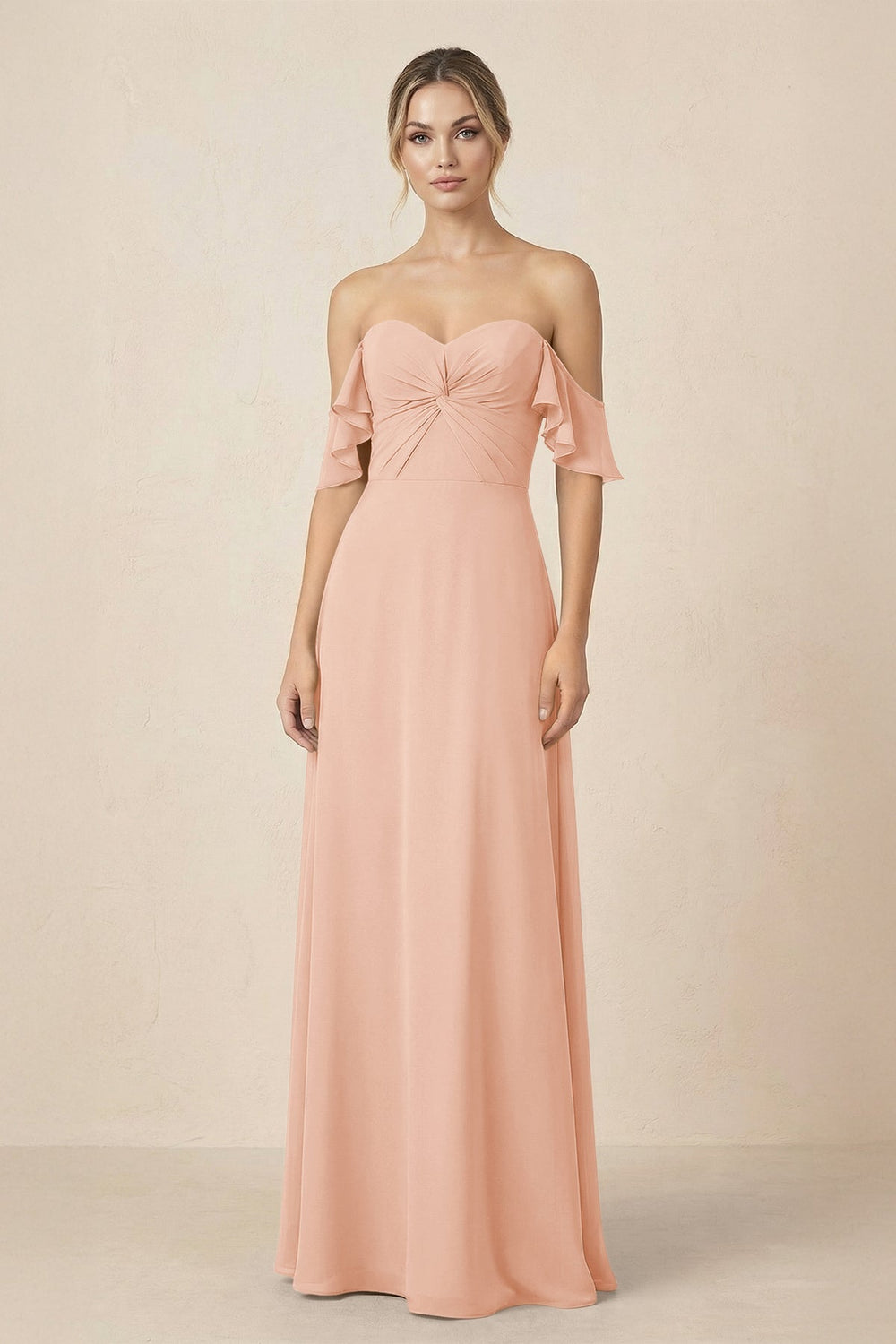 Off-the-Shoulder A-Line Chiffon Ruched Bridesmaid Dress in English Rose - KISS BRIDAL BRIDESMAID DRESSES
