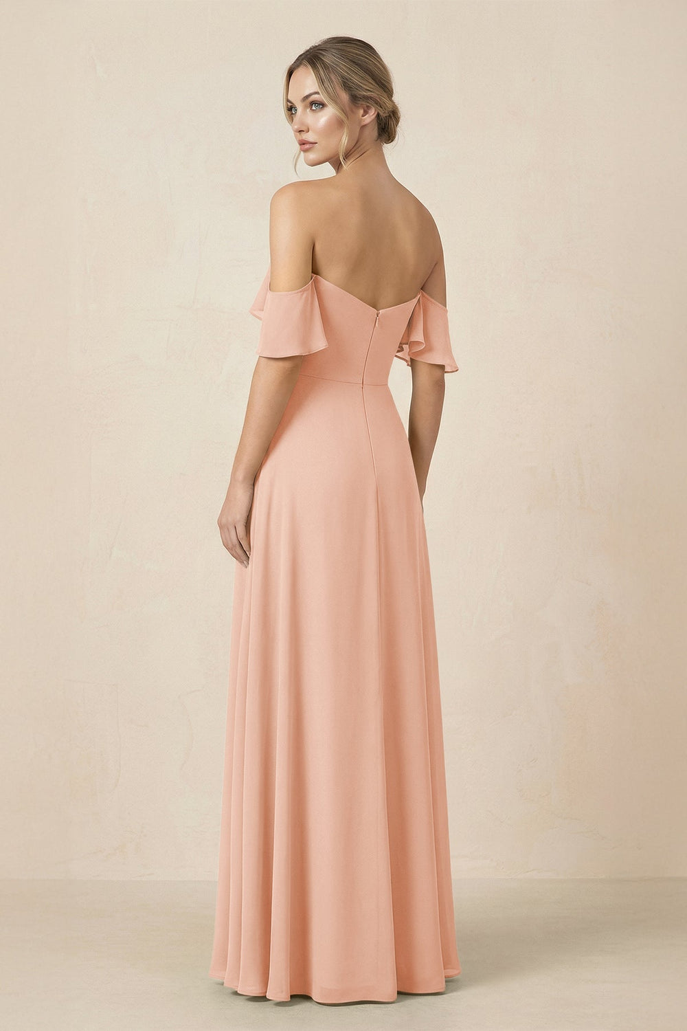 Off-the-Shoulder A-Line Chiffon Ruched Bridesmaid Dress in English Rose - KISS BRIDAL BRIDESMAID DRESSES