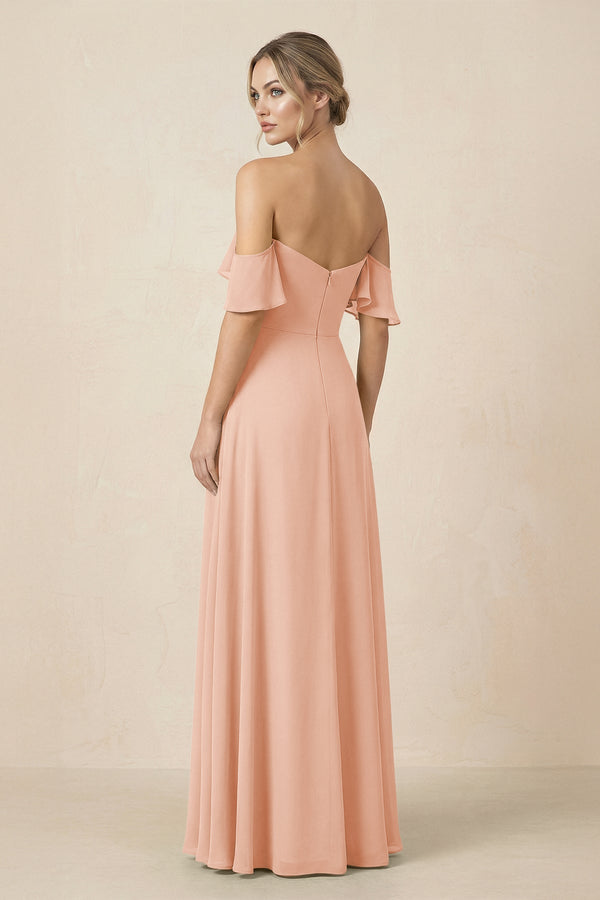 Off-the-Shoulder A-Line Chiffon Ruched Bridesmaid Dress in English Rose - SHE IS ME BRIDESMAID DRESSES