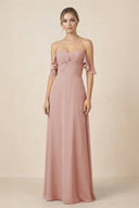 Off-the-Shoulder A-Line Chiffon Ruched Bridesmaid Dress in English Rose | KISSBRIDAL