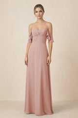 Off-the-Shoulder A-Line Chiffon Ruched Bridesmaid Dress in English Rose | KISSBRIDAL
