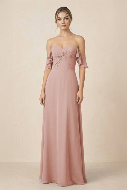 Off-the-Shoulder A-Line Chiffon Ruched Bridesmaid Dress in English Rose | KISSBRIDAL