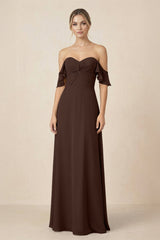 Off-the-Shoulder A-Line Chiffon Ruched Bridesmaid Dress in Espresso - KISS BRIDAL BRIDESMAID DRESSES