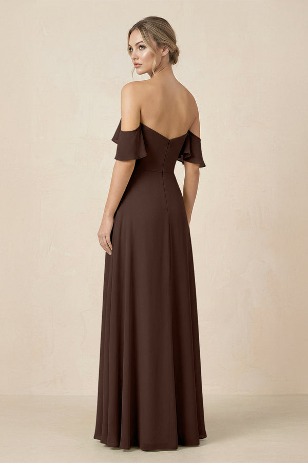 Off-the-Shoulder A-Line Chiffon Ruched Bridesmaid Dress in Espresso - SHE IS ME BRIDESMAID DRESSES