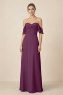 Off-the-Shoulder A-Line Chiffon Ruched Bridesmaid Dress in Fig - SHE IS ME BRIDESMAID DRESSES