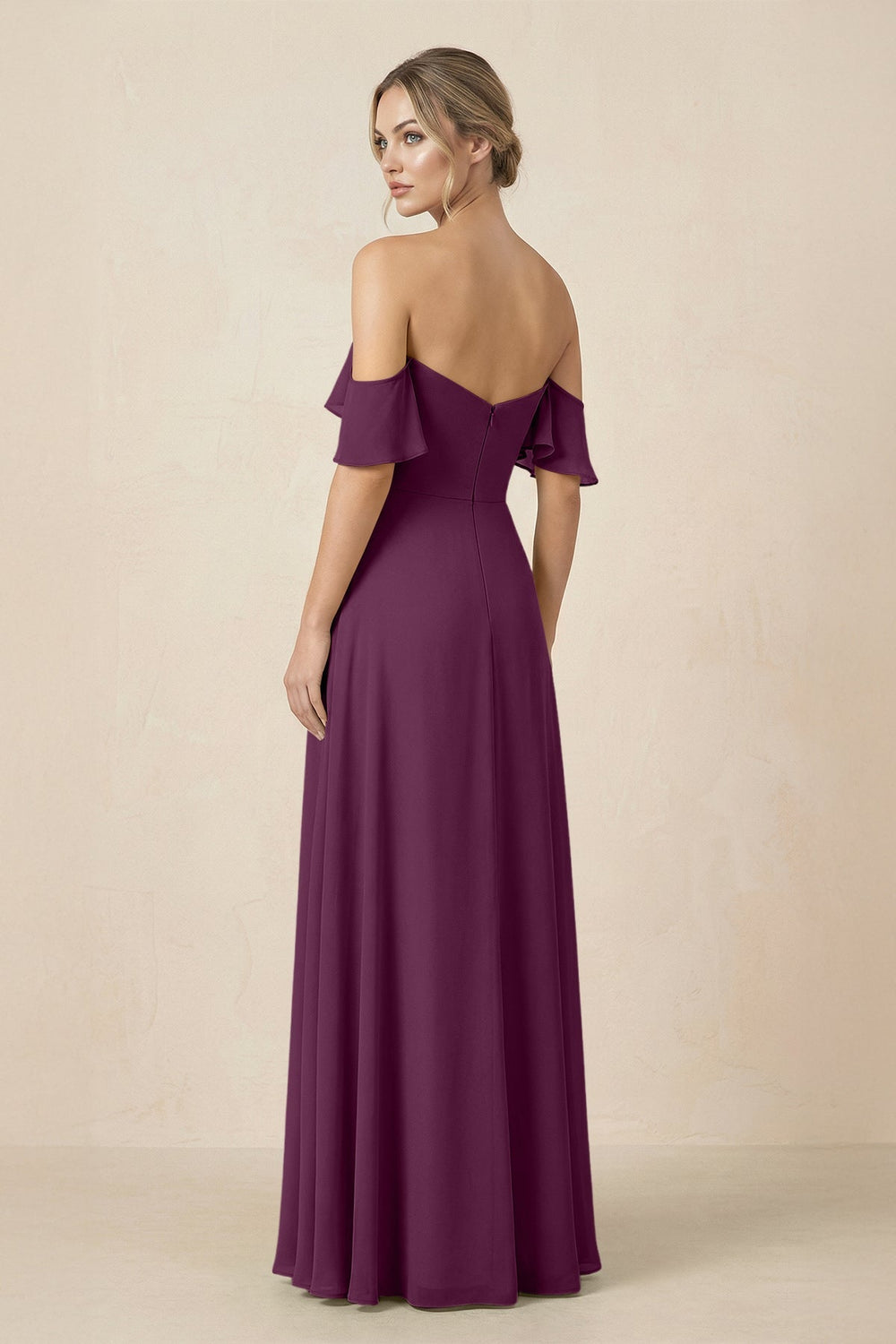 Off-the-Shoulder A-Line Chiffon Ruched Bridesmaid Dress in Fig - KISS BRIDAL BRIDESMAID DRESSES