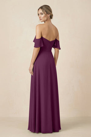 Off-the-Shoulder A-Line Chiffon Ruched Bridesmaid Dress in Fig - SHE IS ME BRIDESMAID DRESSES