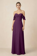 Off-the-Shoulder A-Line Chiffon Ruched Bridesmaid Dress in Fig | KISSBRIDAL