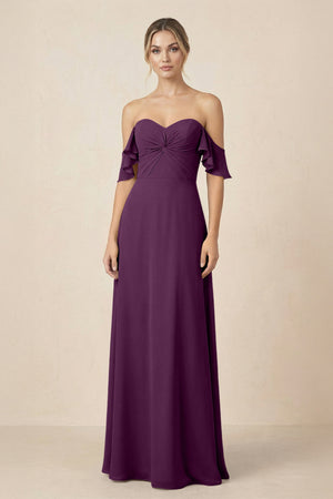 Off-the-Shoulder A-Line Chiffon Ruched Bridesmaid Dress in Fig | KISSBRIDAL