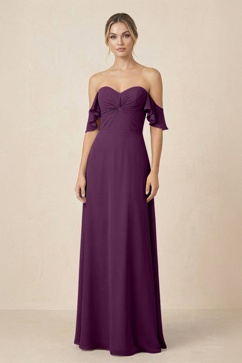Off-the-Shoulder A-Line Chiffon Ruched Bridesmaid Dress in Fig | KISSBRIDAL