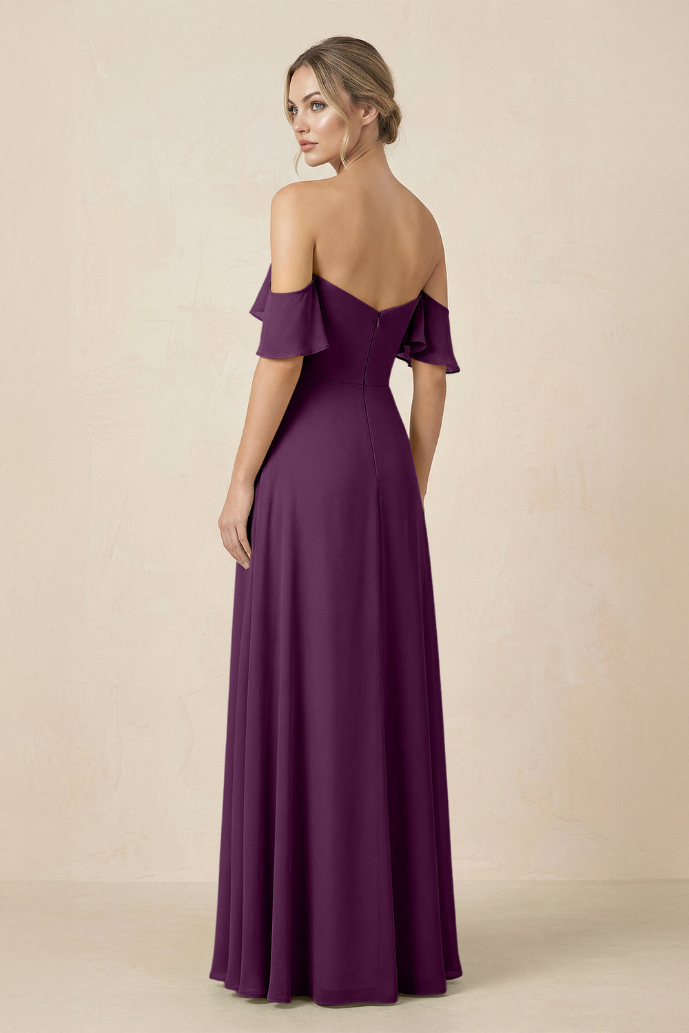 Off-the-Shoulder A-Line Chiffon Ruched Bridesmaid Dress in Fig