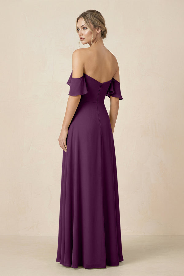 Off-the-Shoulder A-Line Chiffon Ruched Bridesmaid Dress in Fig | KISSBRIDAL