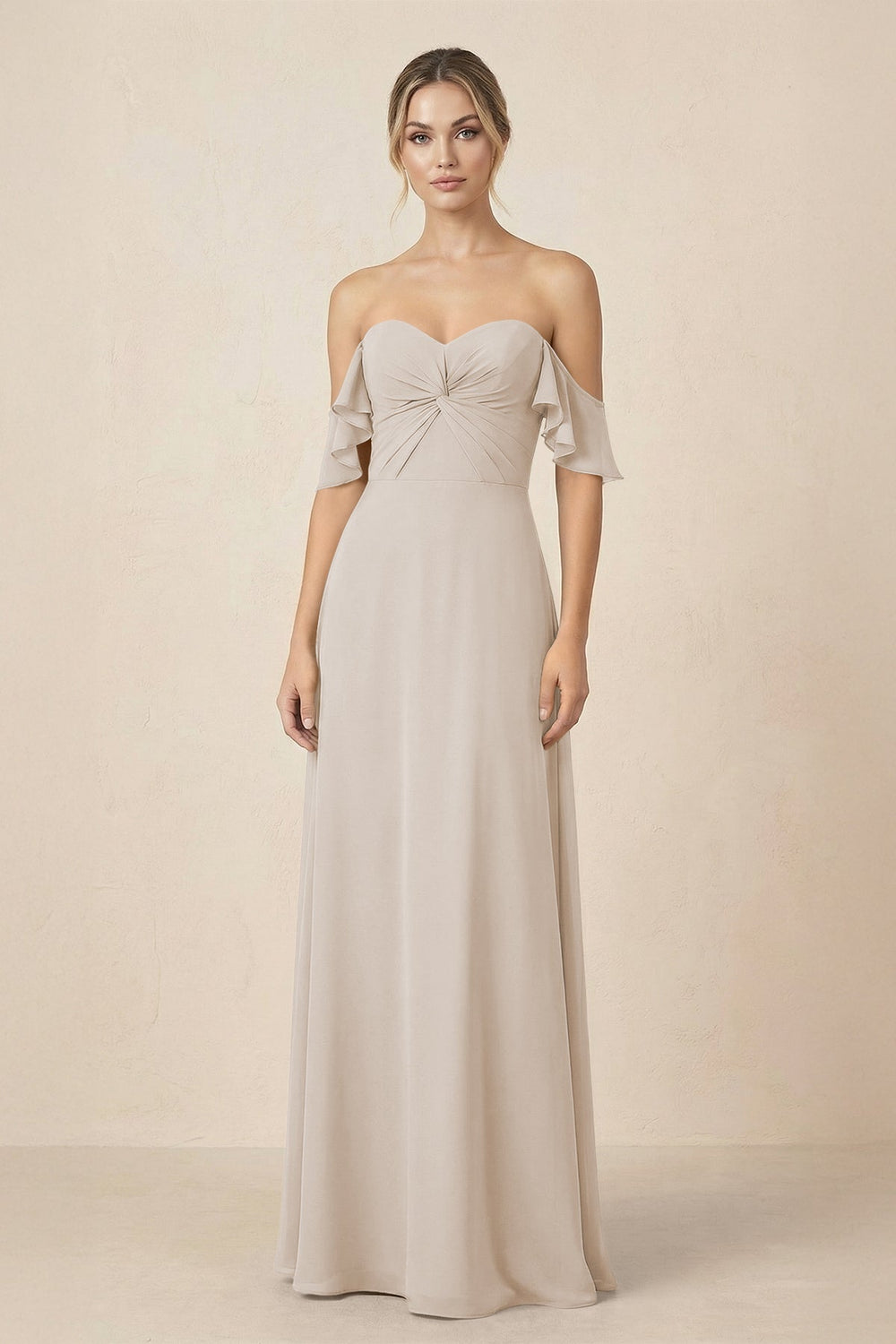 Off-the-Shoulder A-Line Chiffon Ruched Bridesmaid Dress in Frost - KISS BRIDAL BRIDESMAID DRESSES