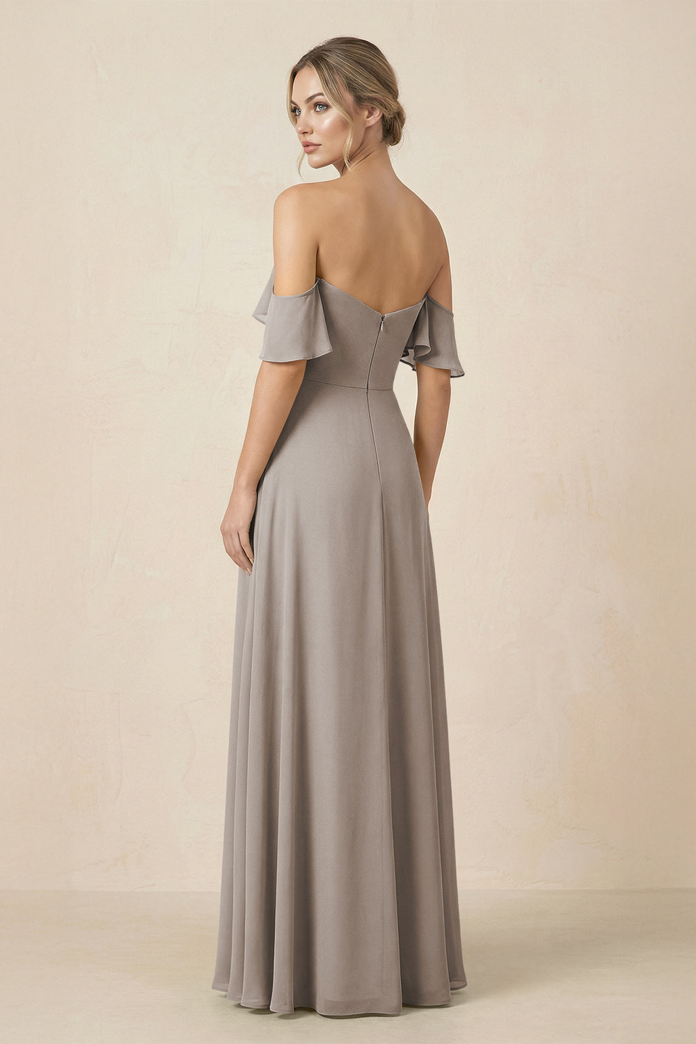 Off-the-Shoulder A-Line Chiffon Ruched Bridesmaid Dress in Frost