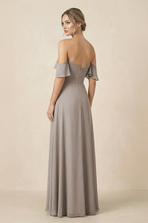 Off-the-Shoulder A-Line Chiffon Ruched Bridesmaid Dress in Frost (2) | KISSBRIDAL