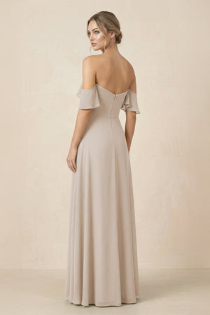 Off-the-Shoulder A-Line Chiffon Ruched Bridesmaid Dress in Frost - SHE IS ME BRIDESMAID DRESSES
