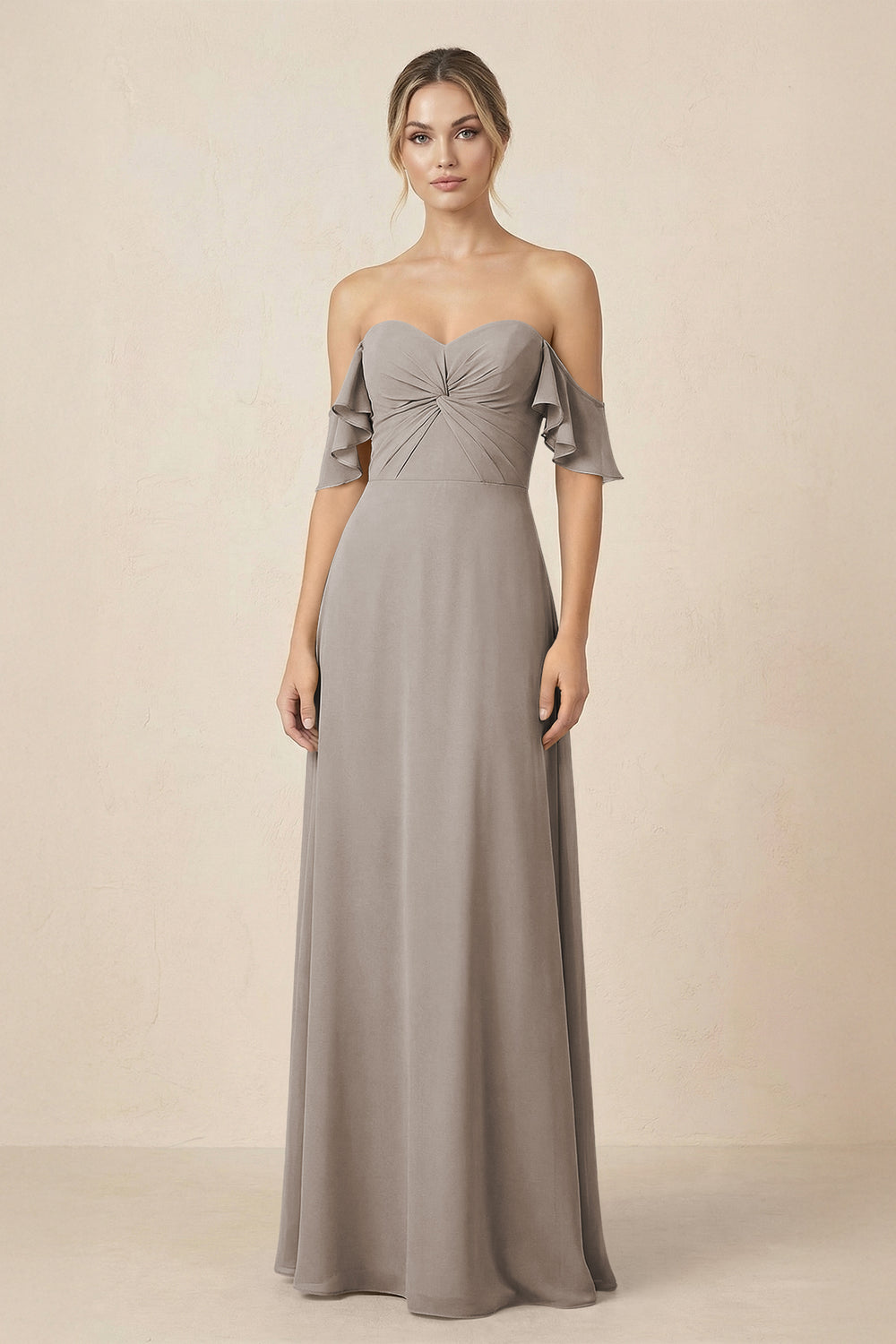 Off-the-Shoulder A-Line Chiffon Ruched Bridesmaid Dress in Frost
