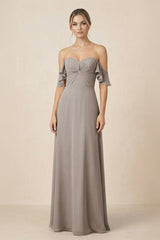 Off-the-Shoulder A-Line Chiffon Ruched Bridesmaid Dress in Frost | KISSBRIDAL