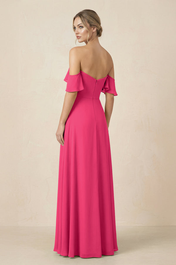 Off-the-Shoulder A-Line Chiffon Ruched Bridesmaid Dress in Fuchsia (2) | KISSBRIDAL