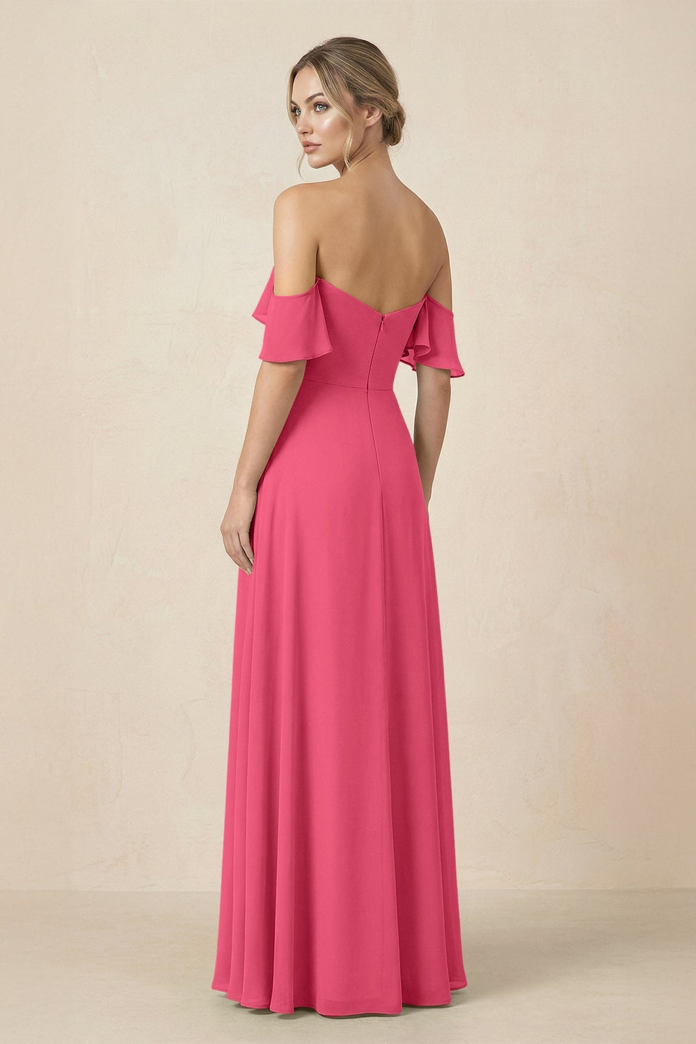 Off-the-Shoulder A-Line Chiffon Ruched Bridesmaid Dress in Fuchsia - KISS BRIDAL BRIDESMAID DRESSES