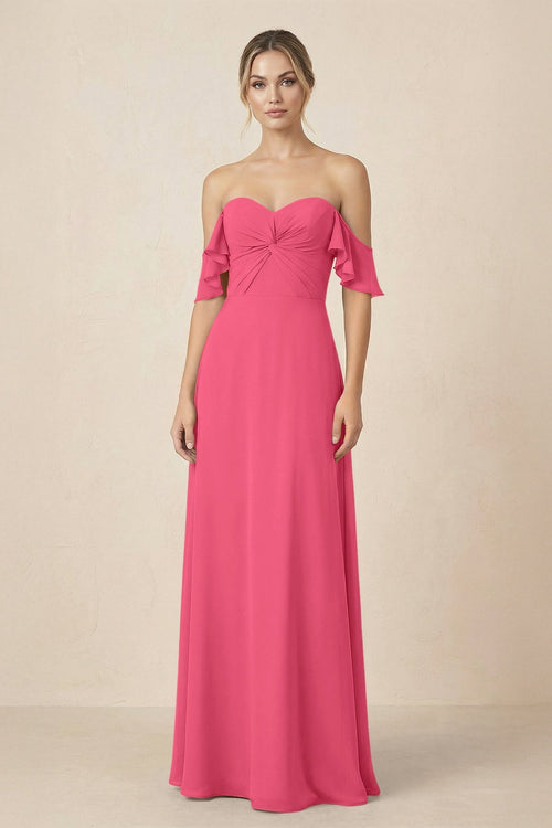 Off-the-Shoulder A-Line Chiffon Ruched Bridesmaid Dress in Fuchsia - SHE IS ME BRIDESMAID DRESSES