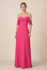 Off-the-Shoulder A-Line Chiffon Ruched Bridesmaid Dress in Fuchsia | KISSBRIDAL