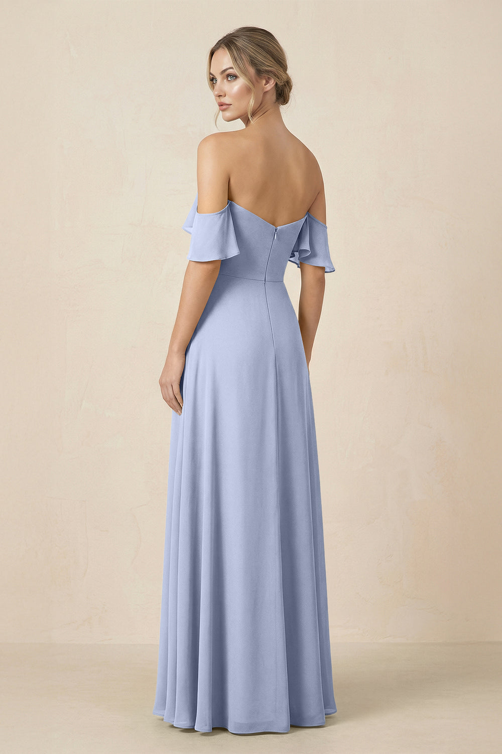 Off-the-Shoulder A-Line Chiffon Ruched Bridesmaid Dress in Ice