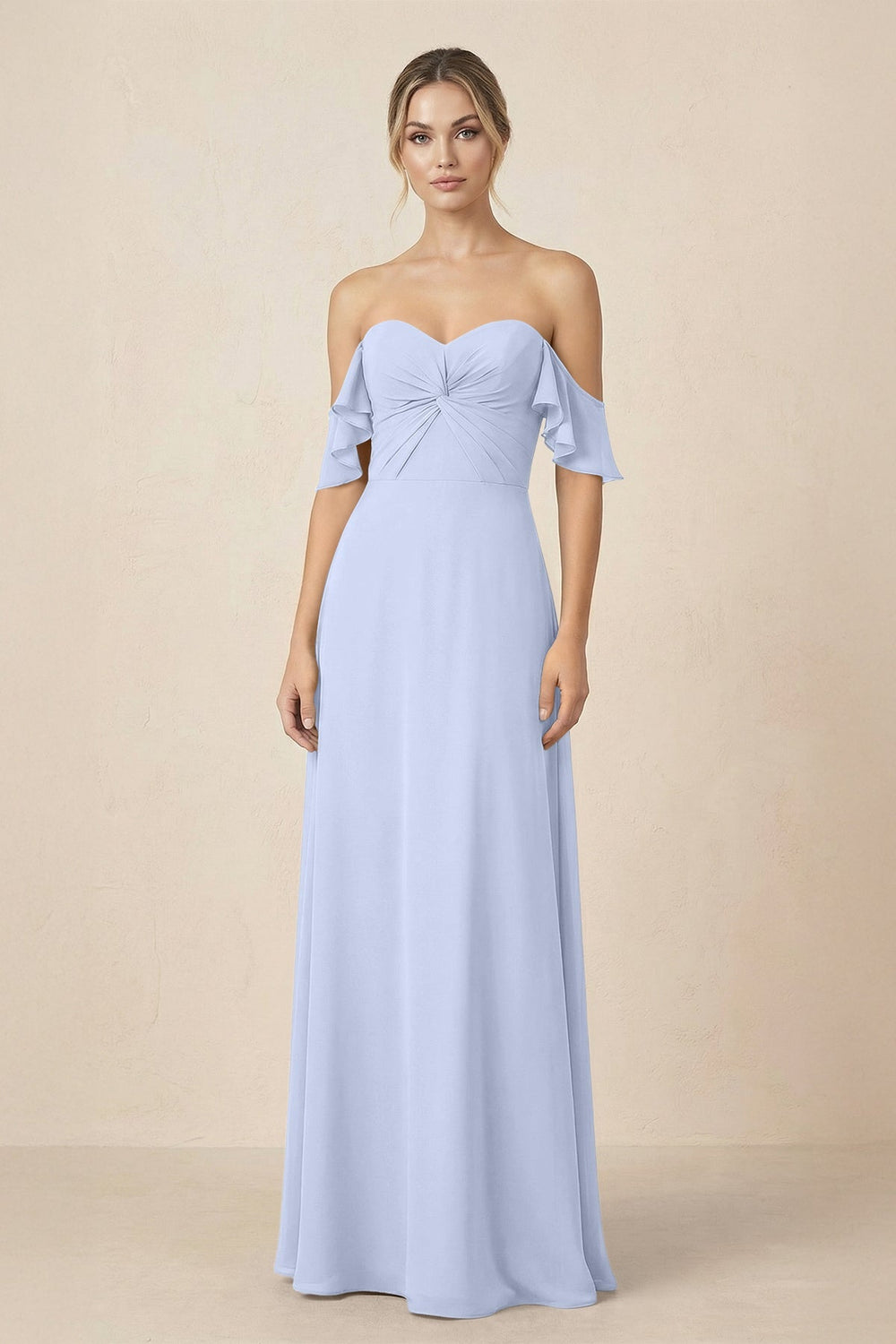 Off-the-Shoulder A-Line Chiffon Ruched Bridesmaid Dress in Ice - KISS BRIDAL BRIDESMAID DRESSES